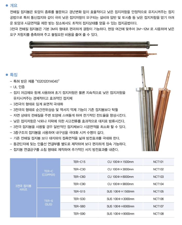 전해질 접지봉은 토양의 종류를 불문하고 경년변화 없이 효율적이고 낮은 접지저항을 안정적으로 유지시켜주는 접지 공법으로 특히 통신 접지와 같이 극히 낮은 접지 저항이 요구되는 설비와 암반 및 토사층 등 낮은 접지 저항을 얻기 어려운 토양과 시공면적을 제한받는 장소에서도 최적의 접지 상태를 얻을 수 있는 접지 공법이다. 3전극 전해질 접지봉은 기존 3M의 형태로 편리하게 결합이 가능하다. 현장 여건에 맞추어 3M~12M로 ㅅ용하여 낮은 요구 저항치를 충족하여 주고 불필요한 비용을 줄여 줄 수 있다.