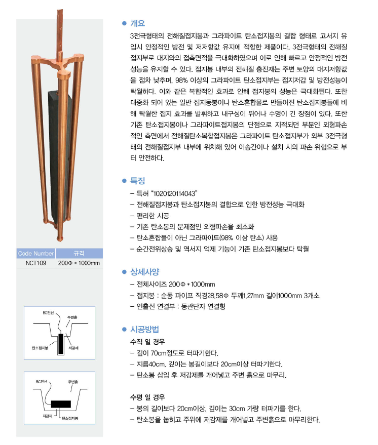 3전극 그라파이트 복합 접지봉은 3전극 형태의 전해질 접지봉과 그라파이트 탄소 접지봉의 결합형태로 고서지 유입시 안정적인 방전 및 저저항값 유지에 적합한 제품이다. 3전극 형태의 전해질 접지부로 대지와의 접촉면적을 극대화하였으며 이로 인해 빠르고 안정적인 방전 성능을 유지할 수 있다. 접지봉 내부의 전해질 충진재는 주변 토양의 대지저항값을 점차 낮추며, 98% 이상의 그라파이트 탄소 접지부는 접지 저감 및 방전성능이 탁월하다. 이와 같은 복합적인 효과로 인해 접지봉의 성능은 극대화된다. 또한 대중화되어 있는 일반 접지동봉이나 탄소혼합물로 만들어진 탄소 접지봉들에 비해 탁월한 접지 효과를 발휘하고 내구성이 뛰어나 수명이 긴 장점이 있다. 또한 기존 탄소 접지봉이나 그라파이트 접지봉의 단점으로 지적되던 부분인 외형파손적인 측면에서 전해질 탄소 복합 접지봉은 그라파이트 탄소 접지부가 외부 3전극형태의 전해질 접지부 내부에 위치해 있어 이송간이나 설치 시의 파손 위험으로부터 안전하다.